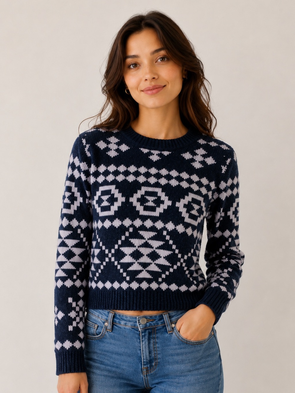 Altar’d State Cropped Navy & Light Purple Long Sleeve Sweater Size S